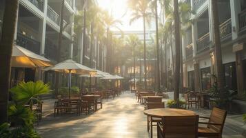 Sunlit tropical resort courtyard cafe photo