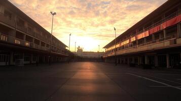 Sunrise over empty plaza, buildings, calm photo