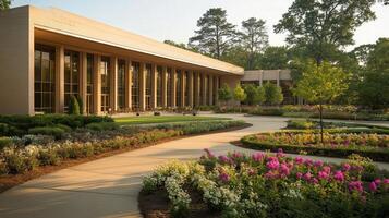 Sunrise garden path, modern building, event venue photo