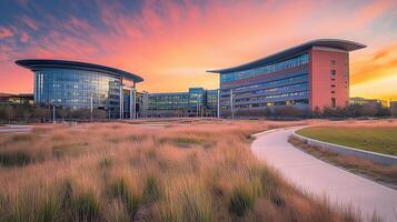 Sunset campus path, modern buildings, Texas photo