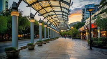 Sunset city walkway, shops, urban stroll, evening photo