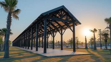 Sunset park pavilion walkway tropical landscape photo