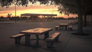 Sunset park picnic tables, desert landscape photo