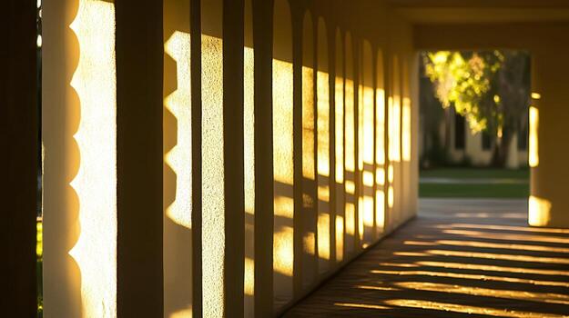 Sunset shadows colonnade campus walkway photo