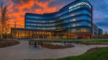 Sunset view of modern office building photo