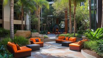 Tranquil courtyard oasis, office relaxing space, sunny day photo