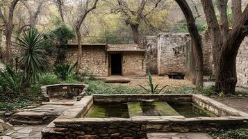 Tranquil stone courtyard, autumn foliage, ancient ruins, peaceful retreat photo