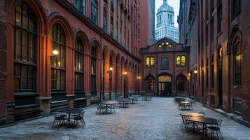 Urban Courtyard Dusk, Cityscape Background, Tables, Evening photo
