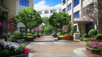 Urban Courtyard Garden Path Spring Bloom photo