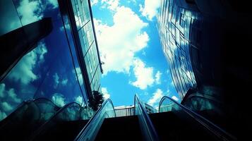Urban escalator ascends to blue sky, buildings reflect clouds travel concept photo