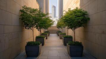 Urban oasis pathway, city backdrop, plants, tranquility photo