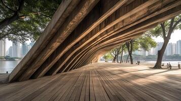 Wooden Pavilion Walkway, City Skyline photo