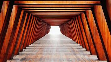Wooden tunnel pathway, bright exit, outdoors, architectural design, future concept photo