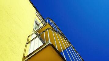 Yellow building balcony, blue sky, urban view photo