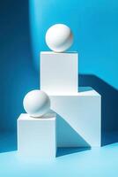 Abstract display of white cubes and spheres photo
