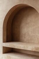 Beige arched alcove with shelves photo