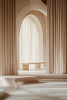 Beige archway interior with soft light and curtains photo