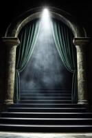 Dark archway with emerald drapes and spotlight photo