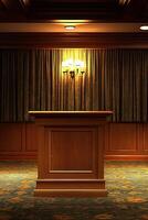Elegant wooden podium in a conference room photo