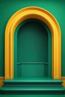 Empty alcove with yellow arch and teal steps photo