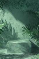 Empty, green, textured display podium, tropical plants photo