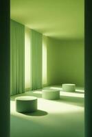 Empty, sun-lit, minimalist room with pastel green cylindrical podiums photo