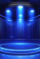 Futuristic, circular, dark, blue interior photo