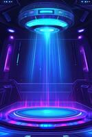 Futuristic spaceship interior with glowing lights and a glowing alien photo
