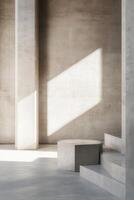 Minimalist concrete interior with sunlit display photo