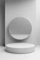Minimalist white podium with oval, clean studio backdrop photo