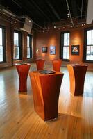 Modern art exhibition space with custom wooden display stands photo
