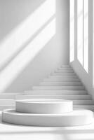 Modern, minimalist, white interior with tiered podium and stairs. Sunlight casts shadows photo