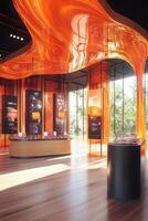 Modern museum interior with flowing orange ceiling and display panels photo
