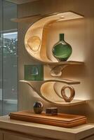 Modern wooden shelving unit with artful curves and glass decorations photo
