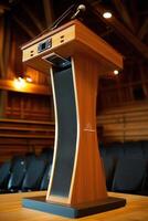 A wooden podium with a microphone on top of it photo