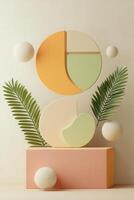 Pastel geometric shapes and leaves on a platform photo