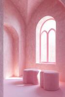 Pink room with arched windows and soft seating photo