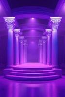 Purple ancient columns, illuminated pathway photo