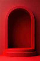 An empty red room with a large archway photo
