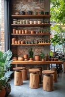 Rustic, stylish shop interior with wooden shelves and stools photo