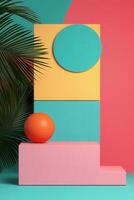 Vibrant geometric display with tropical leaves photo