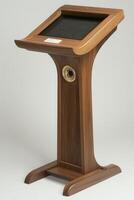 Wooden presentation stand with a screen photo