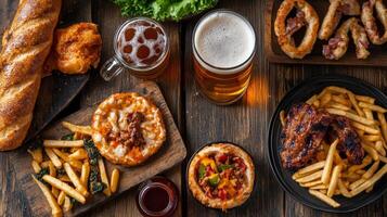 Delicious Food Variety with Beer and Fries photo