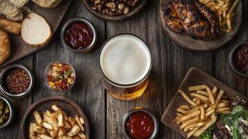 Gourmet Feast Grilled Meats, Fries, and Refreshing Brews photo