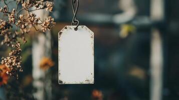 Blank Rusty Tag Hanging Among Dried Plants photo