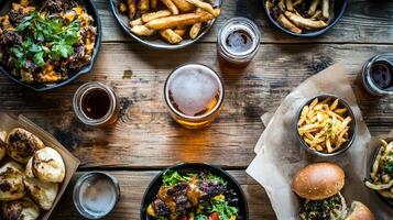 Delicious Food and Drinks on a Rustic Wooden Table photo