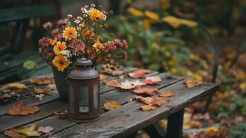 Autumnal Garden Table Setting with Flowers and Lantern photo