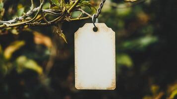 Blank Vintage Tag Hanging from Branch in Nature photo