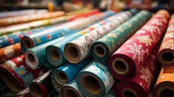 Colorful Gift Wrapping Paper Rolls in a Store Display photo