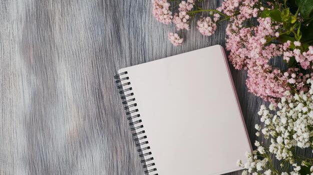Blank Notebook with Delicate Flowers on a Wooden Table photo